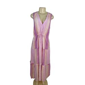 Liverpool Women Sleeveless Striped Midi Dress With Tie Waist Pink & Purple Sz L